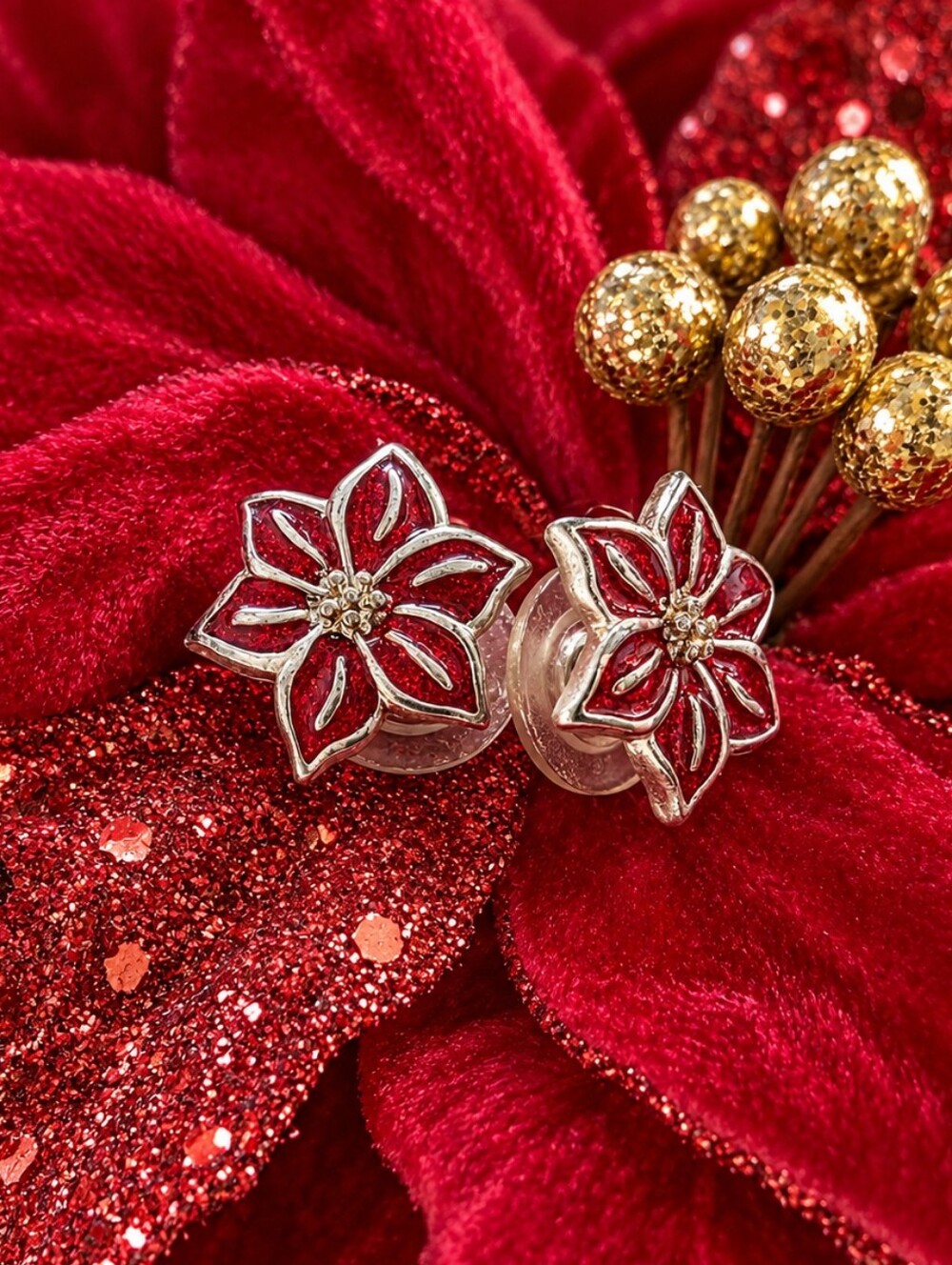 90s Red & Silver Poinsettia Stud Earrings Vintage Christmas Hawaii Style Florals